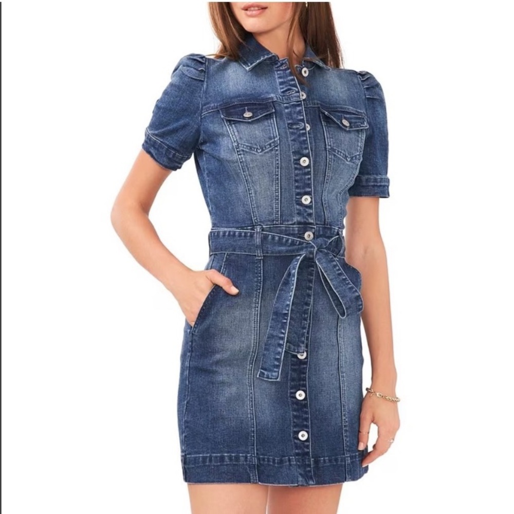 Chelsea & Violet Short Puff Sleeve Button Front Stretch Denim Belted Mini Dress